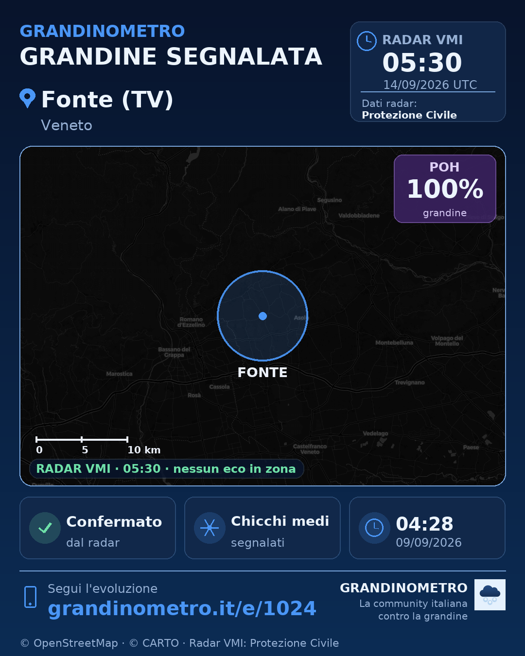 Mappa dell'evento: grandine a Fonte (TV)