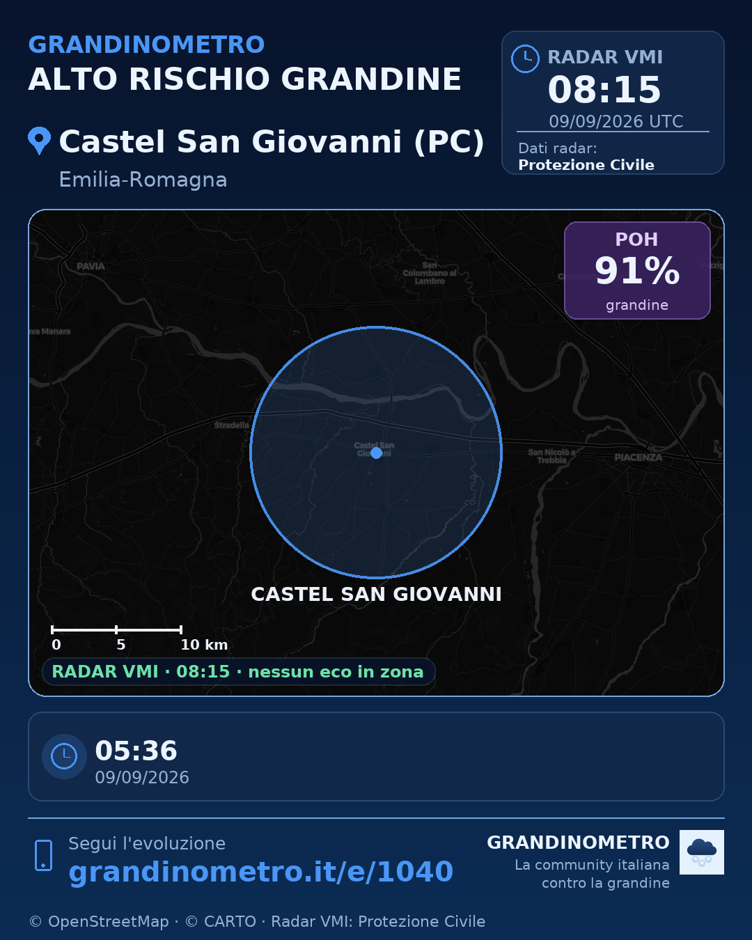 Mappa dell'evento: grandine a Castel San Giovanni (PC)