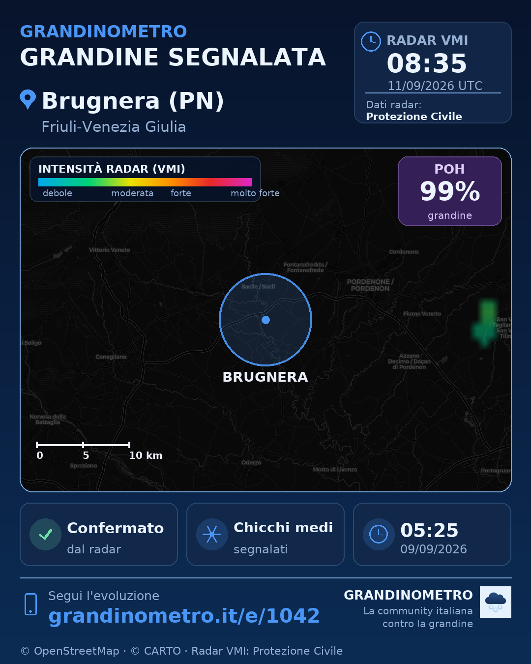 Mappa dell'evento: grandine a Brugnera (PN)