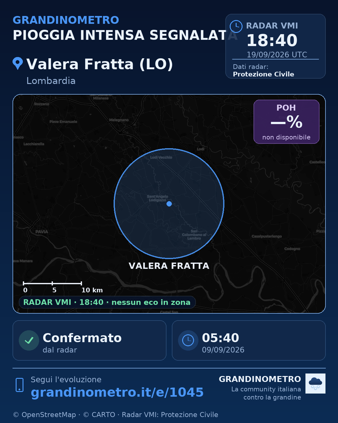 Mappa dell'evento: pioggia intensa a Valera Fratta (LO)