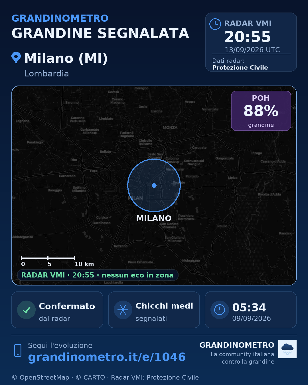 Mappa dell'evento: grandine a Milano (MI)
