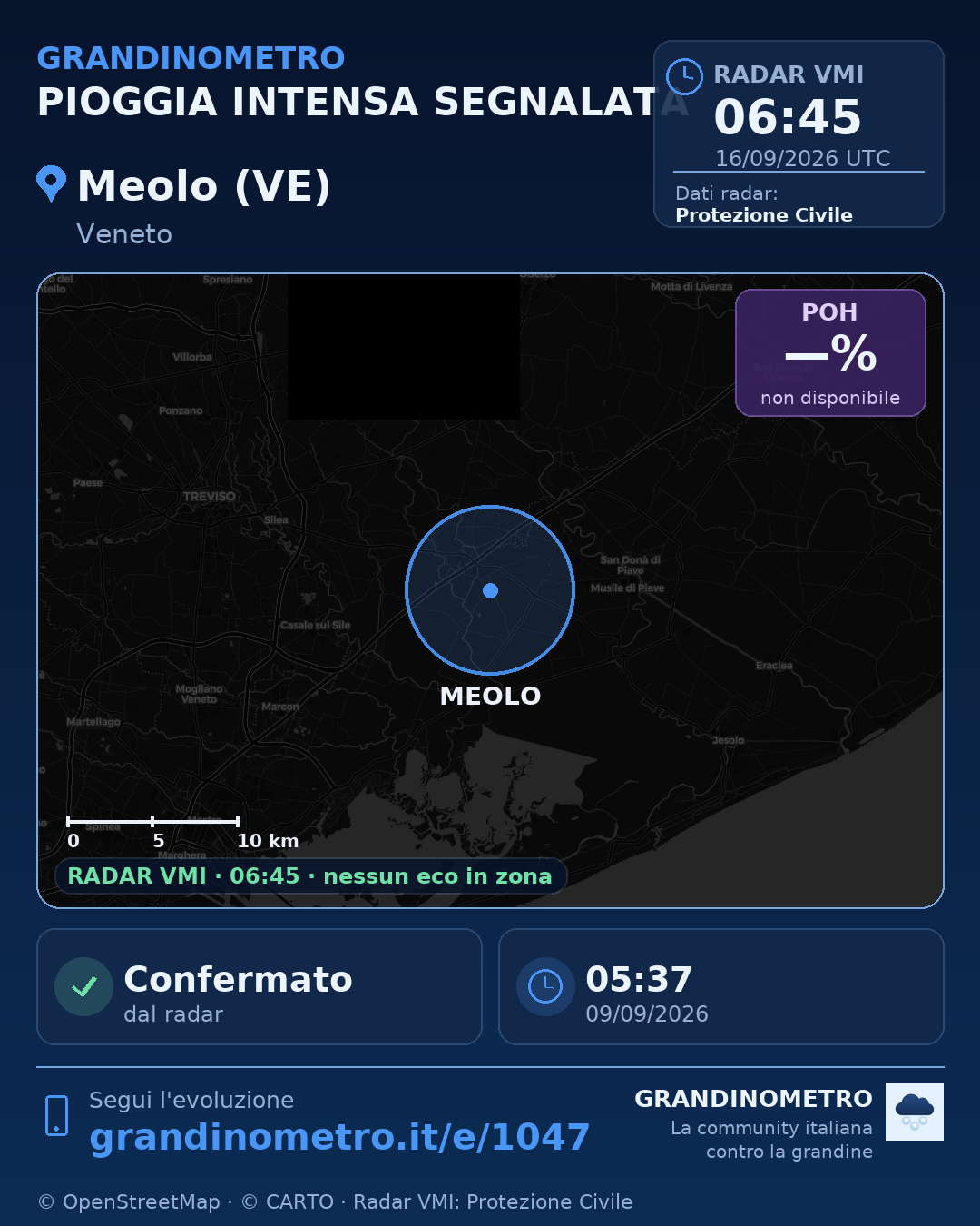 Mappa dell'evento: pioggia intensa a Meolo (VE)