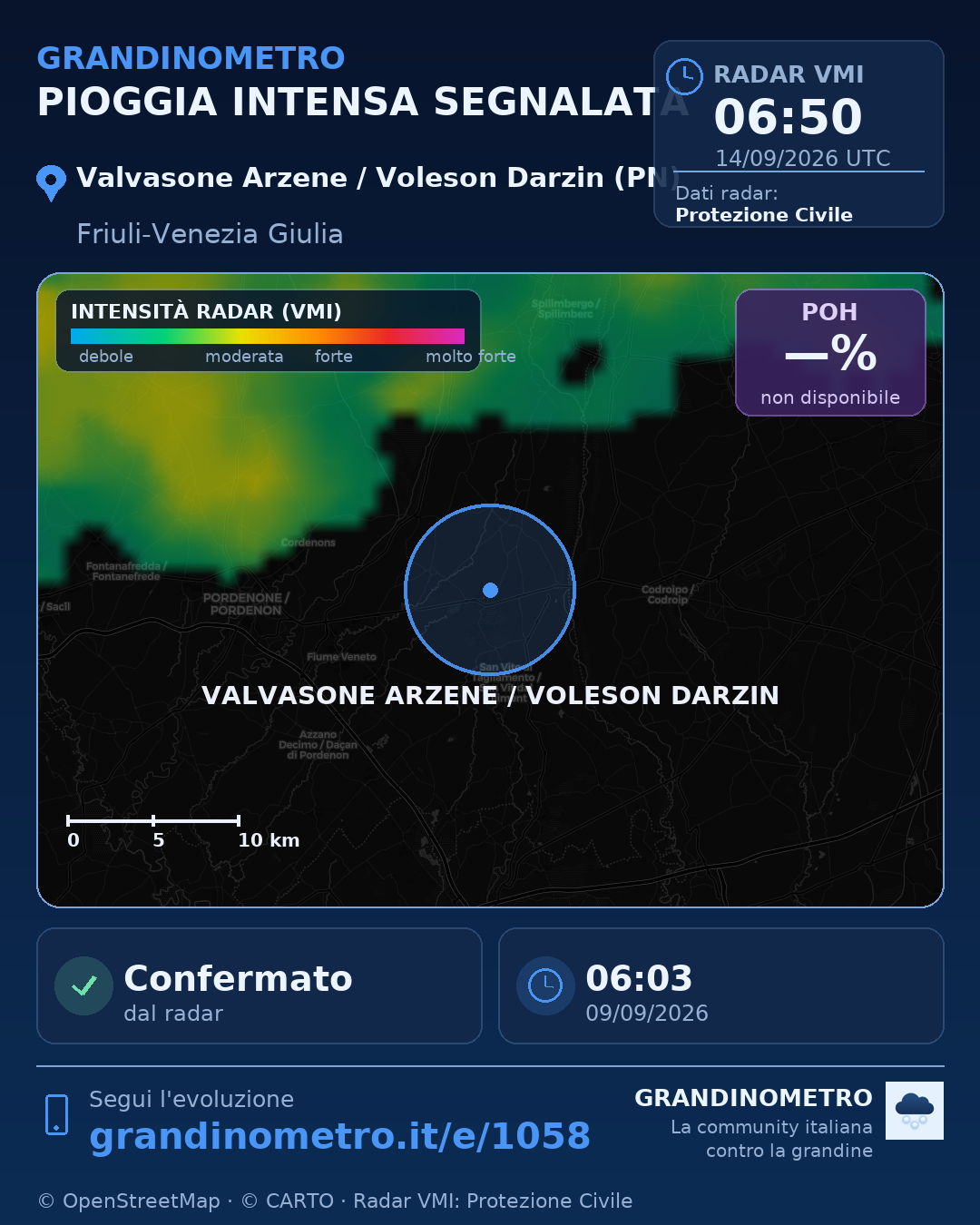 Mappa dell'evento: pioggia intensa a Valvasone Arzene / Voleson Darzin (PN)