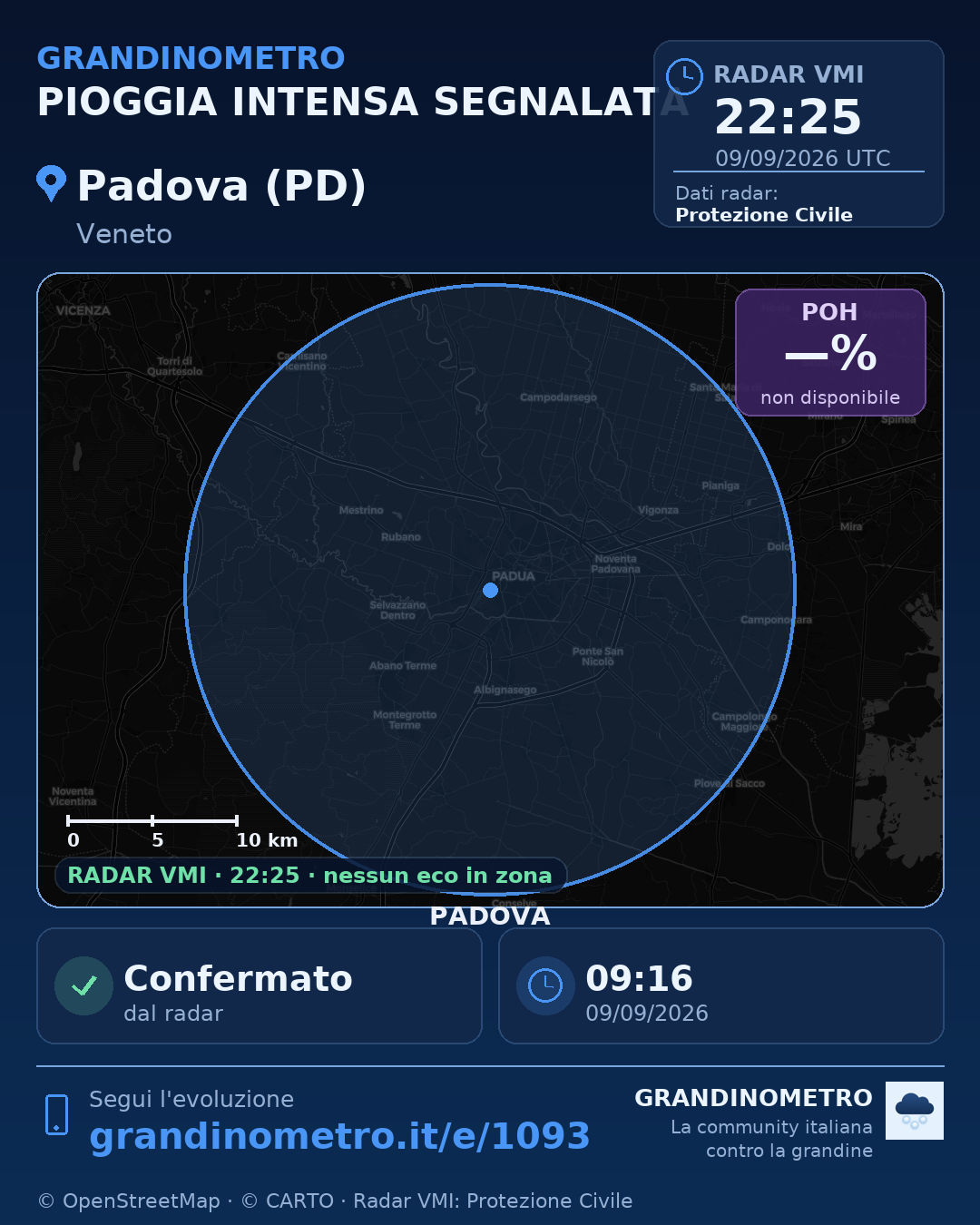 Mappa dell'evento: pioggia intensa a Padova (PD)
