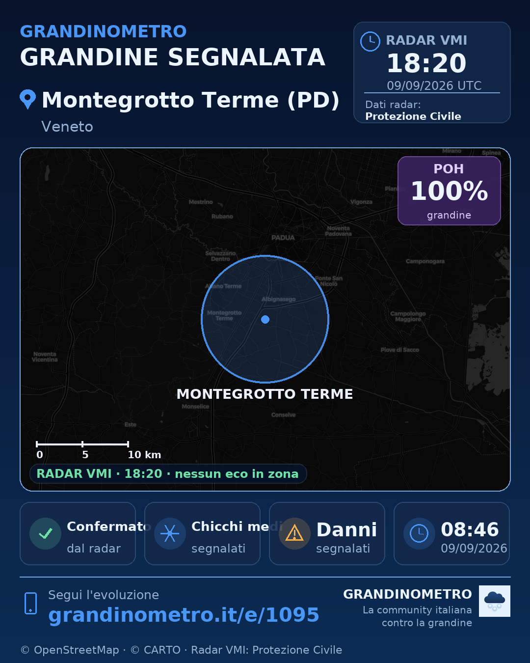 Mappa dell'evento: grandine a Montegrotto Terme (PD)