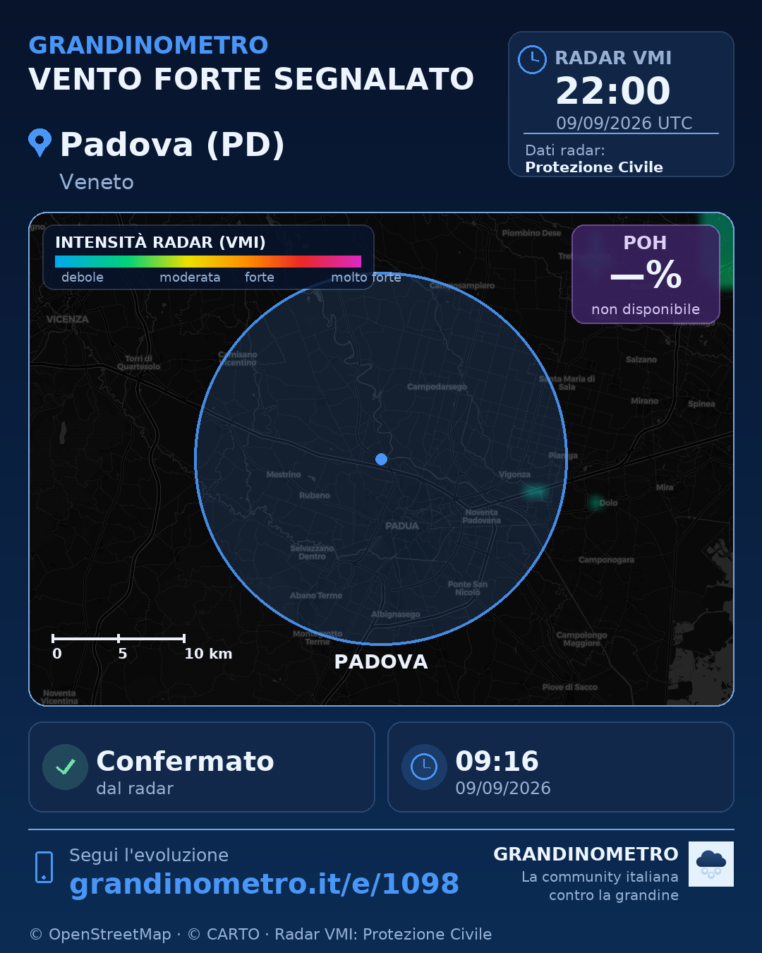Mappa dell'evento: vento forte a Padova (PD)