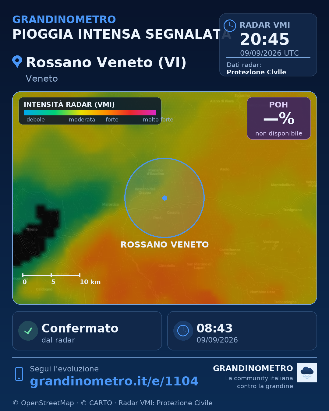 Mappa dell'evento: pioggia intensa a Rossano Veneto (VI)