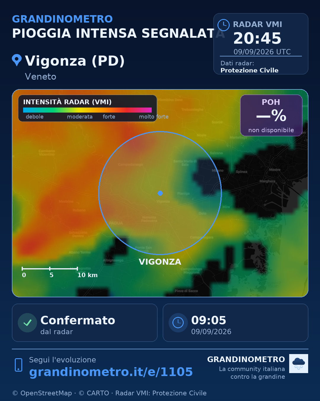 Mappa dell'evento: pioggia intensa a Vigonza (PD)