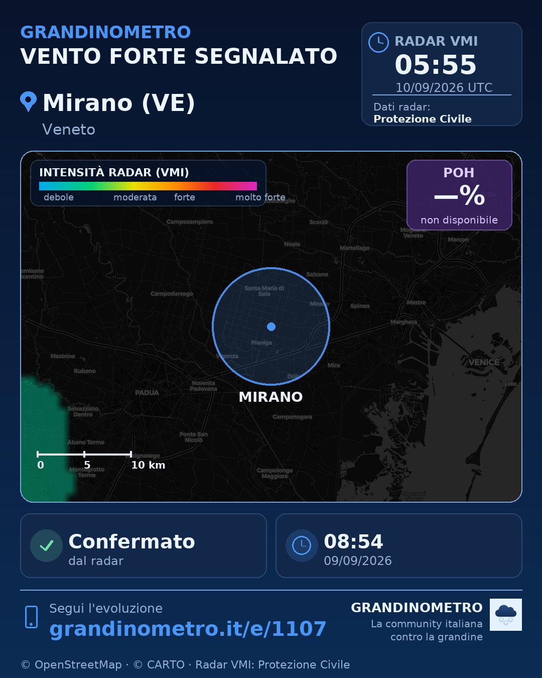 Mappa dell'evento: vento forte a Mirano (VE)
