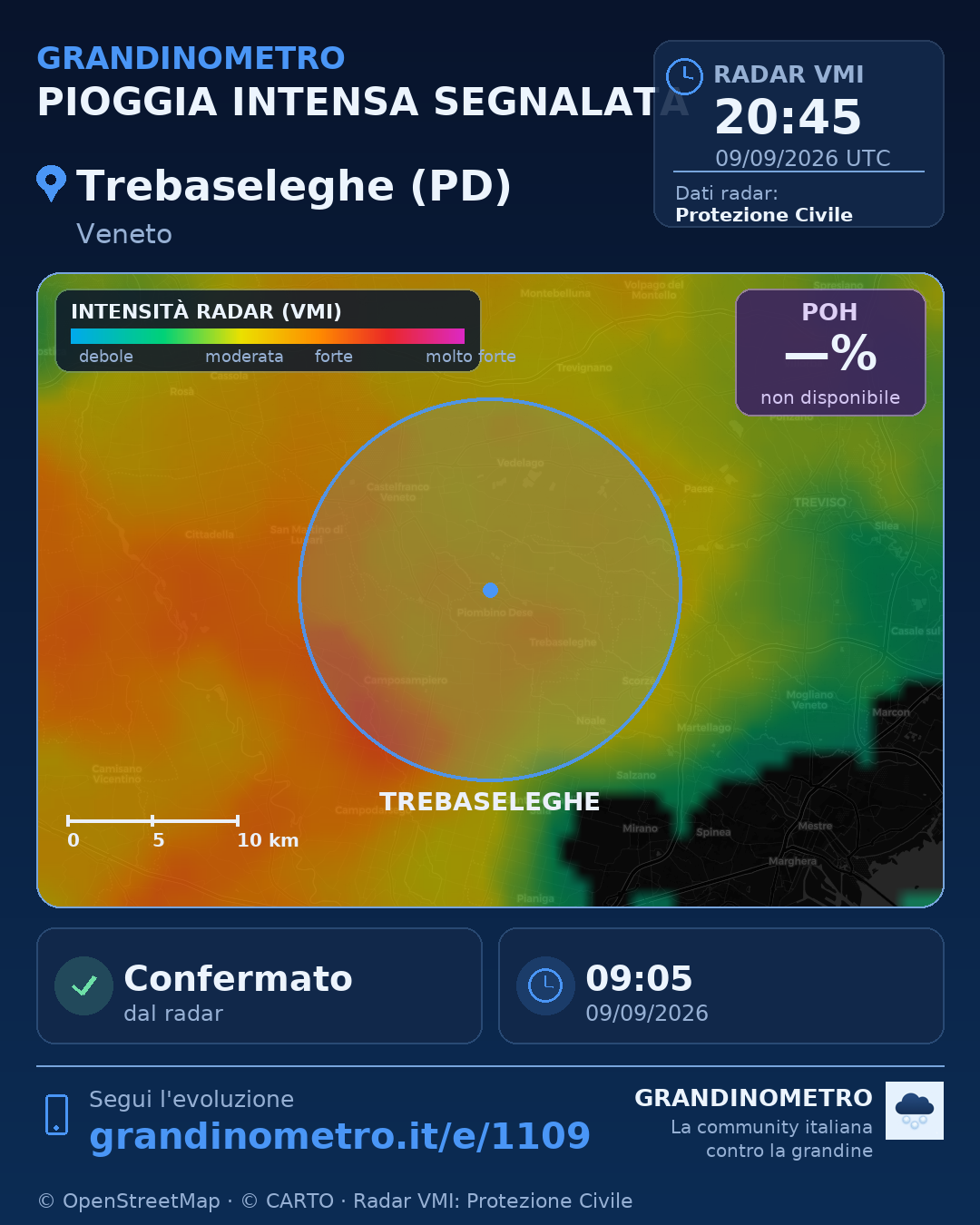 Mappa dell'evento: pioggia intensa a Trebaseleghe (PD)