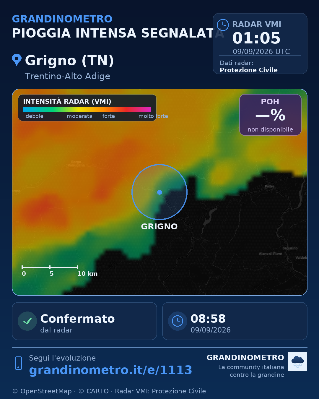 Mappa dell'evento: pioggia intensa a Grigno (TN)