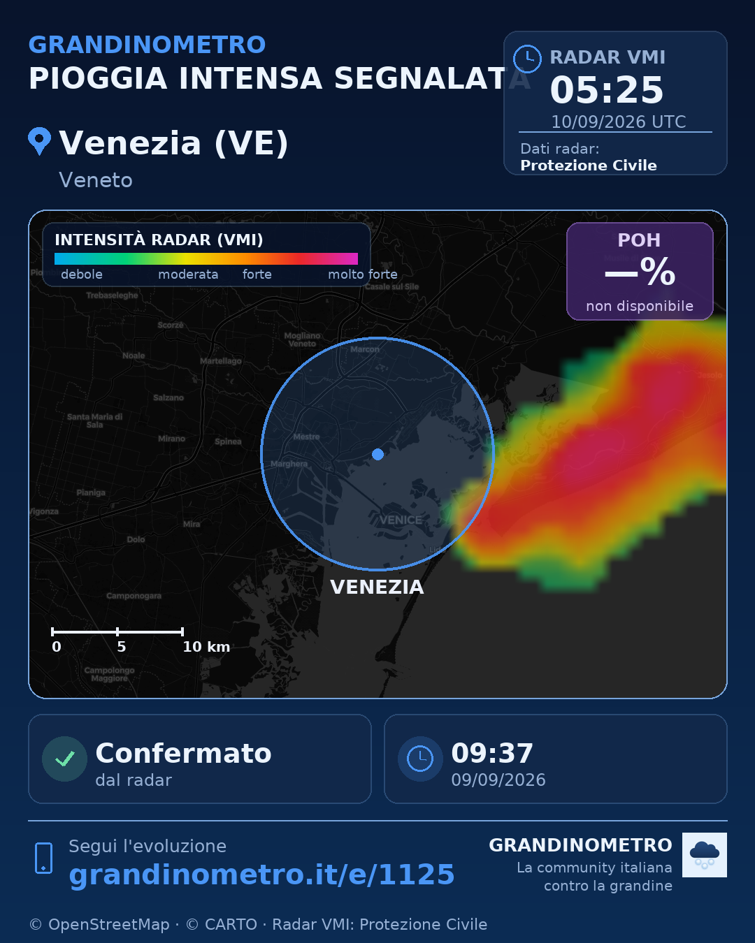 Mappa dell'evento: pioggia intensa a Venezia (VE)