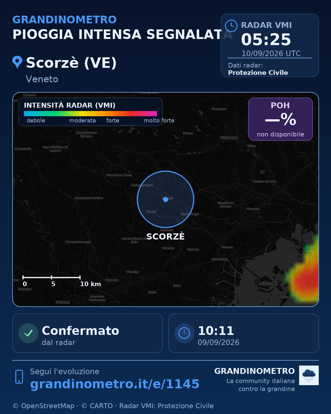 Mappa dell'evento: pioggia intensa a Scorzè (VE)