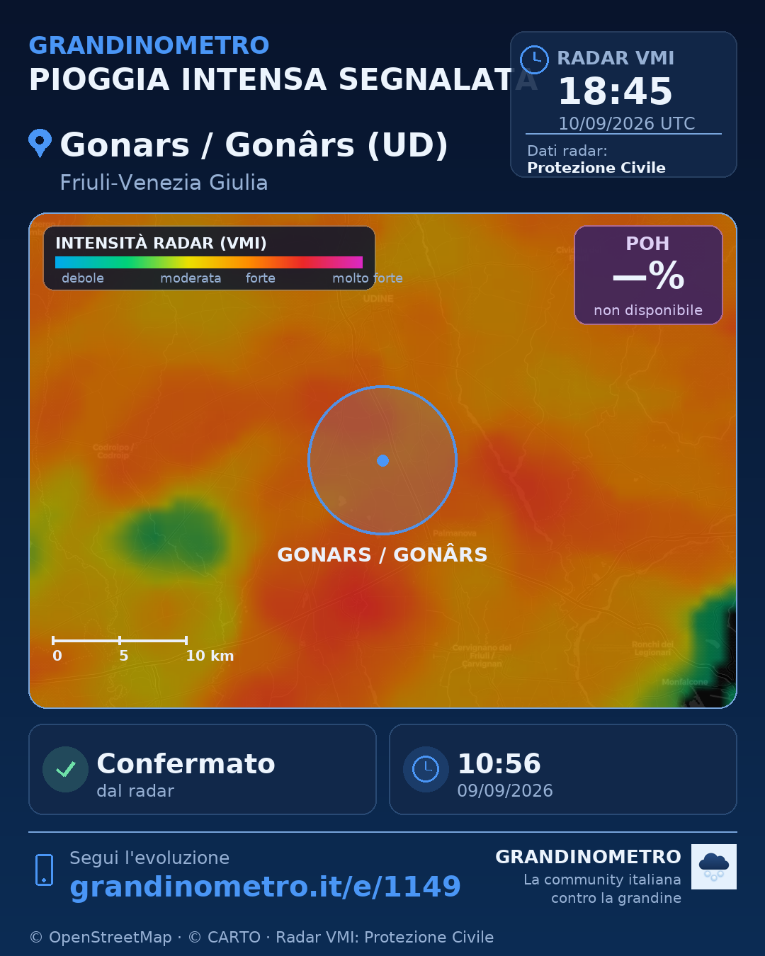 Mappa dell'evento: pioggia intensa a Gonars / Gonârs (UD)
