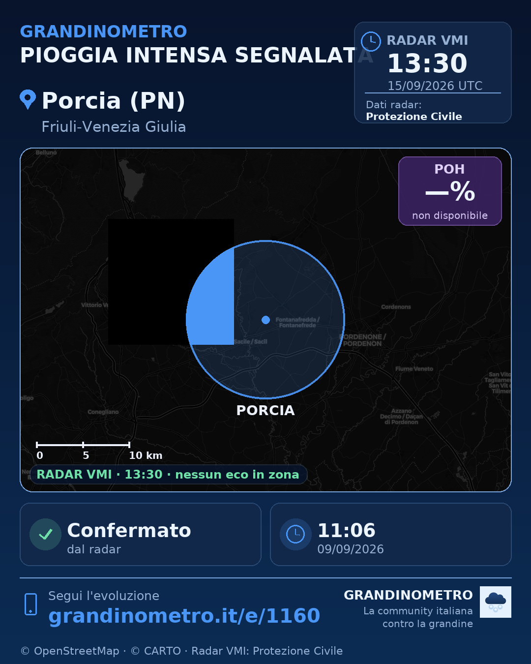 Mappa dell'evento: pioggia intensa a Porcia (PN)