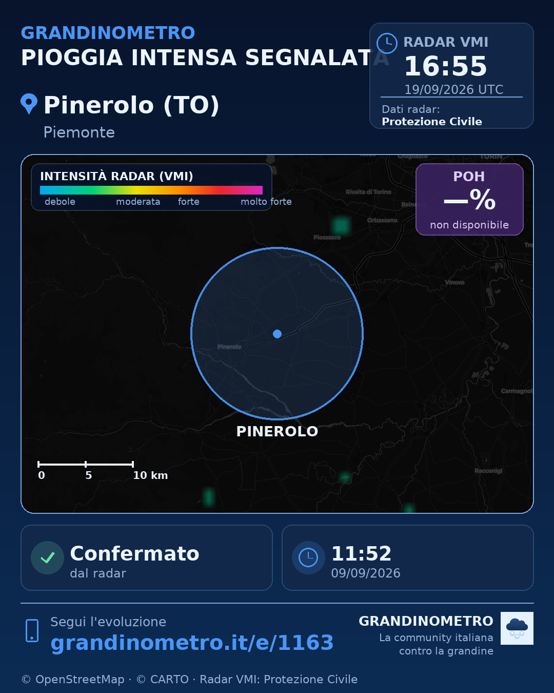 Mappa dell'evento: pioggia intensa a Pinerolo (TO)