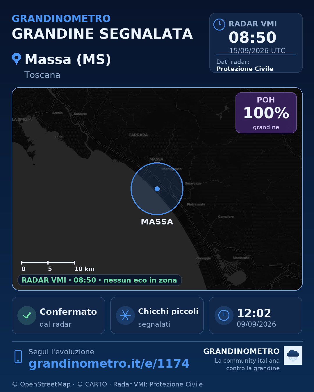 Mappa dell'evento: grandine a Massa (MS)