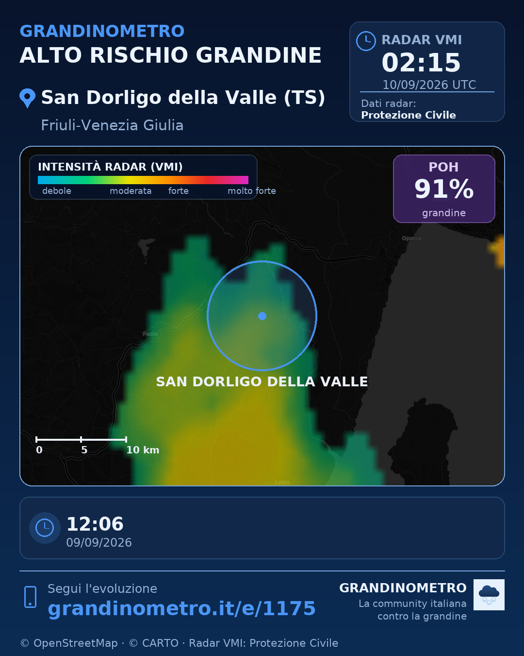 Mappa dell'evento: grandine a San Dorligo della Valle (TS)