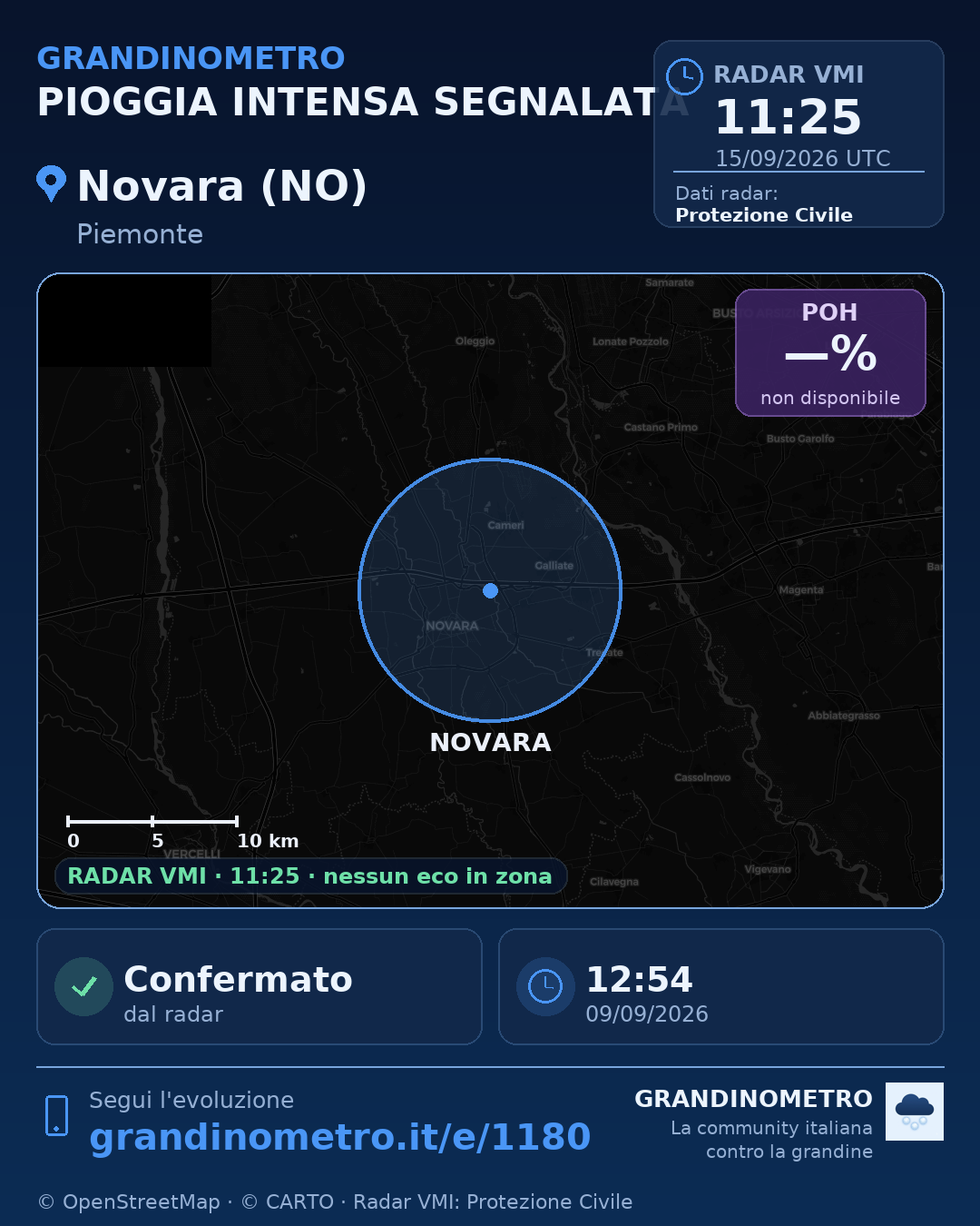 Mappa dell'evento: pioggia intensa a Novara (NO)