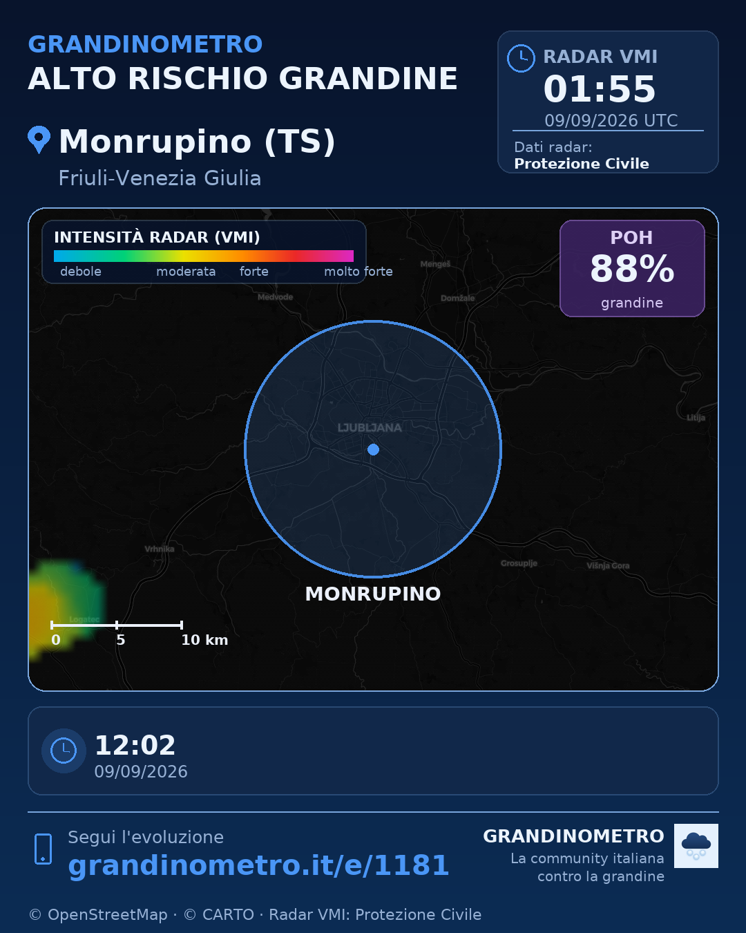 Mappa dell'evento: grandine a Monrupino (TS)