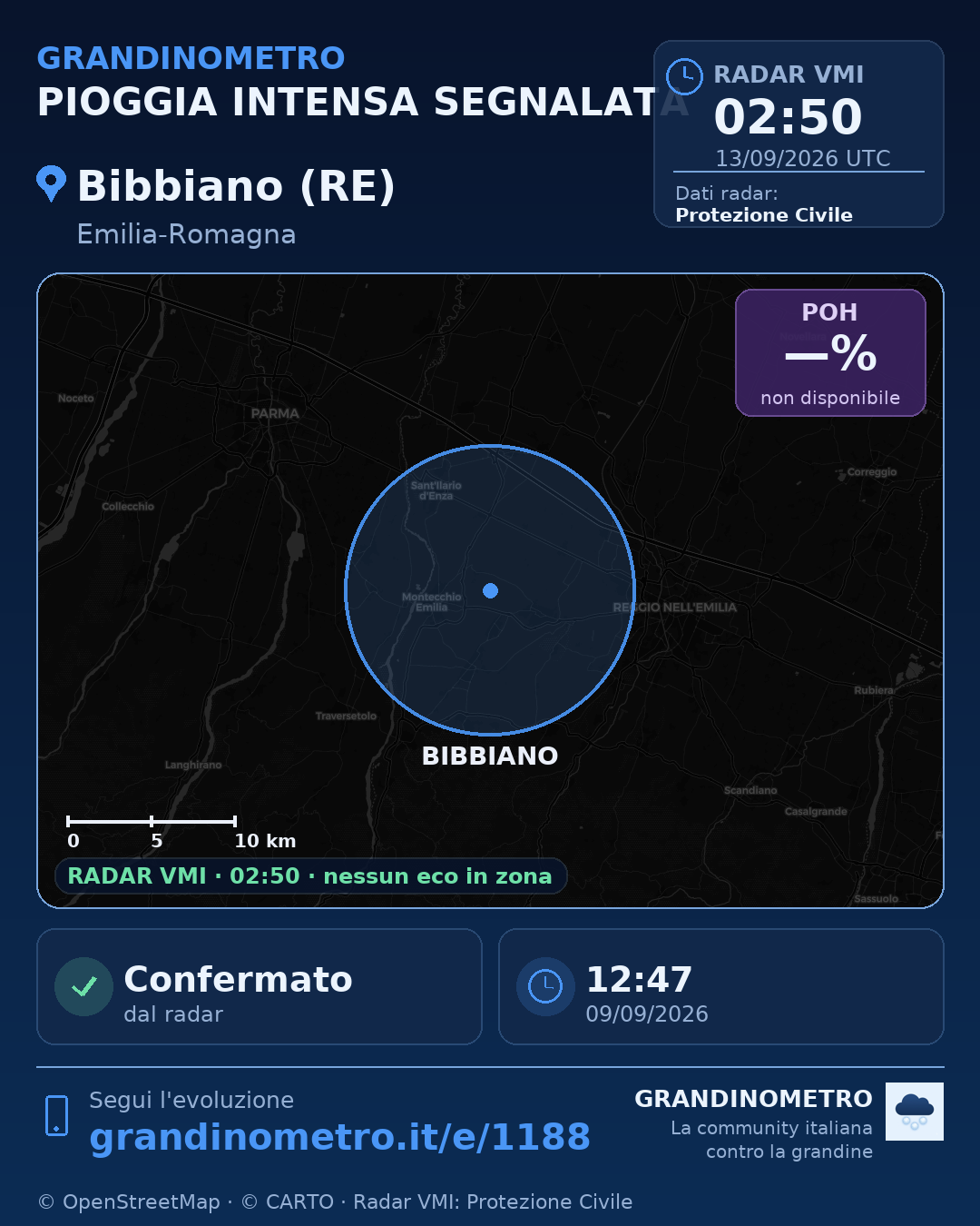 Mappa dell'evento: pioggia intensa a Bibbiano (RE)
