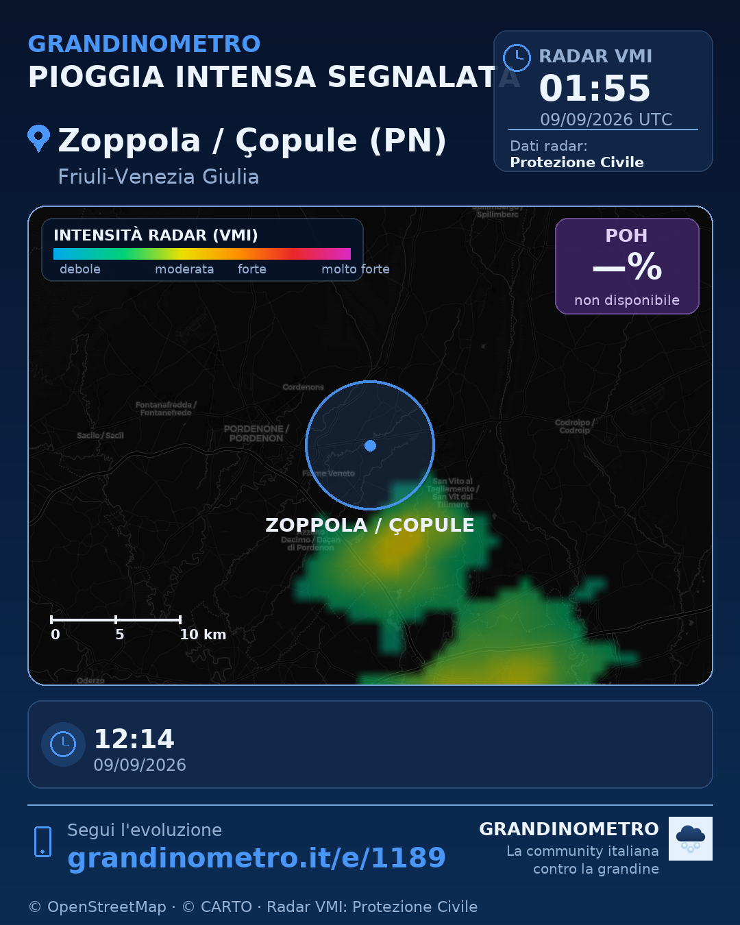 Mappa dell'evento: pioggia intensa a Zoppola / Çopule (PN)