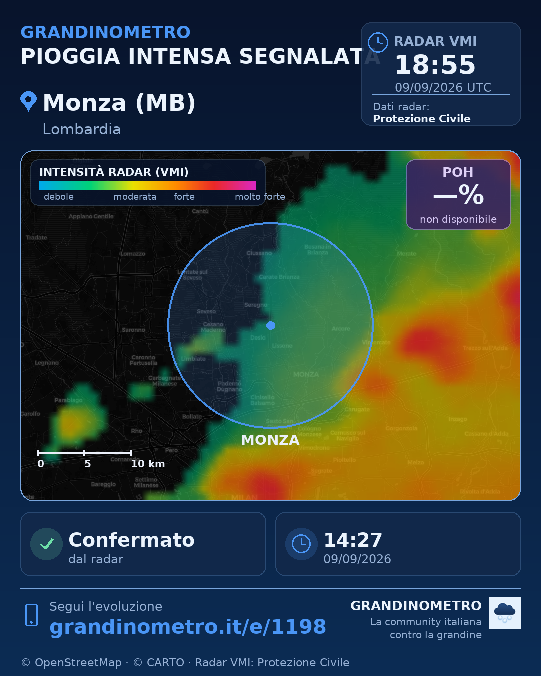 Mappa dell'evento: pioggia intensa a Monza (MB)