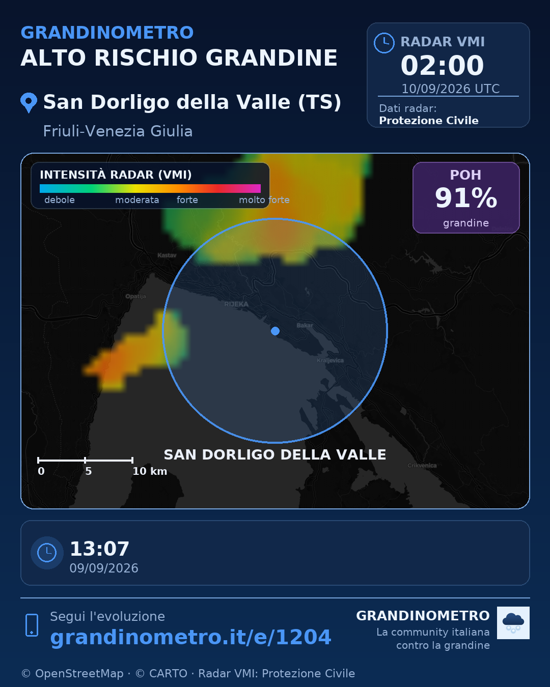 Mappa dell'evento: grandine a San Dorligo della Valle (TS)