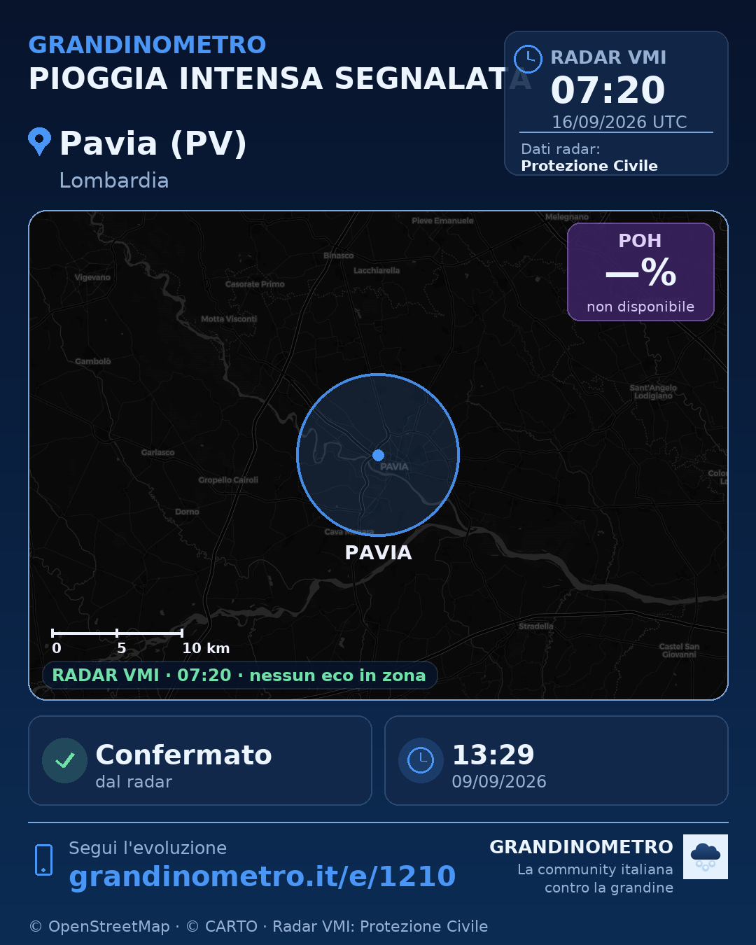 Mappa dell'evento: pioggia intensa a Pavia (PV)