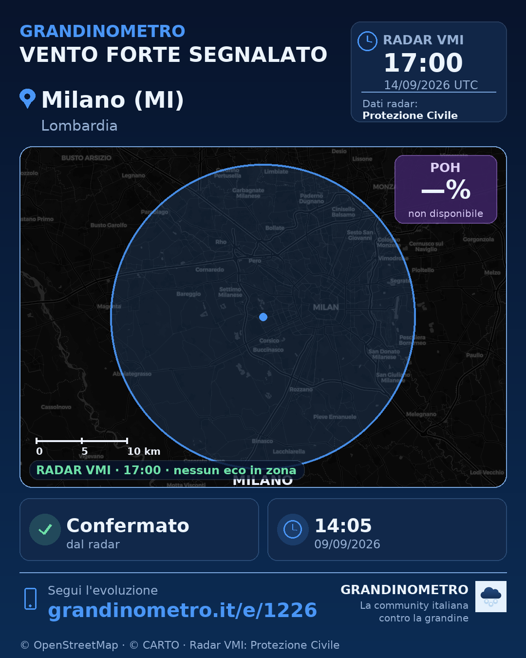 Mappa dell'evento: vento forte a Milano (MI)