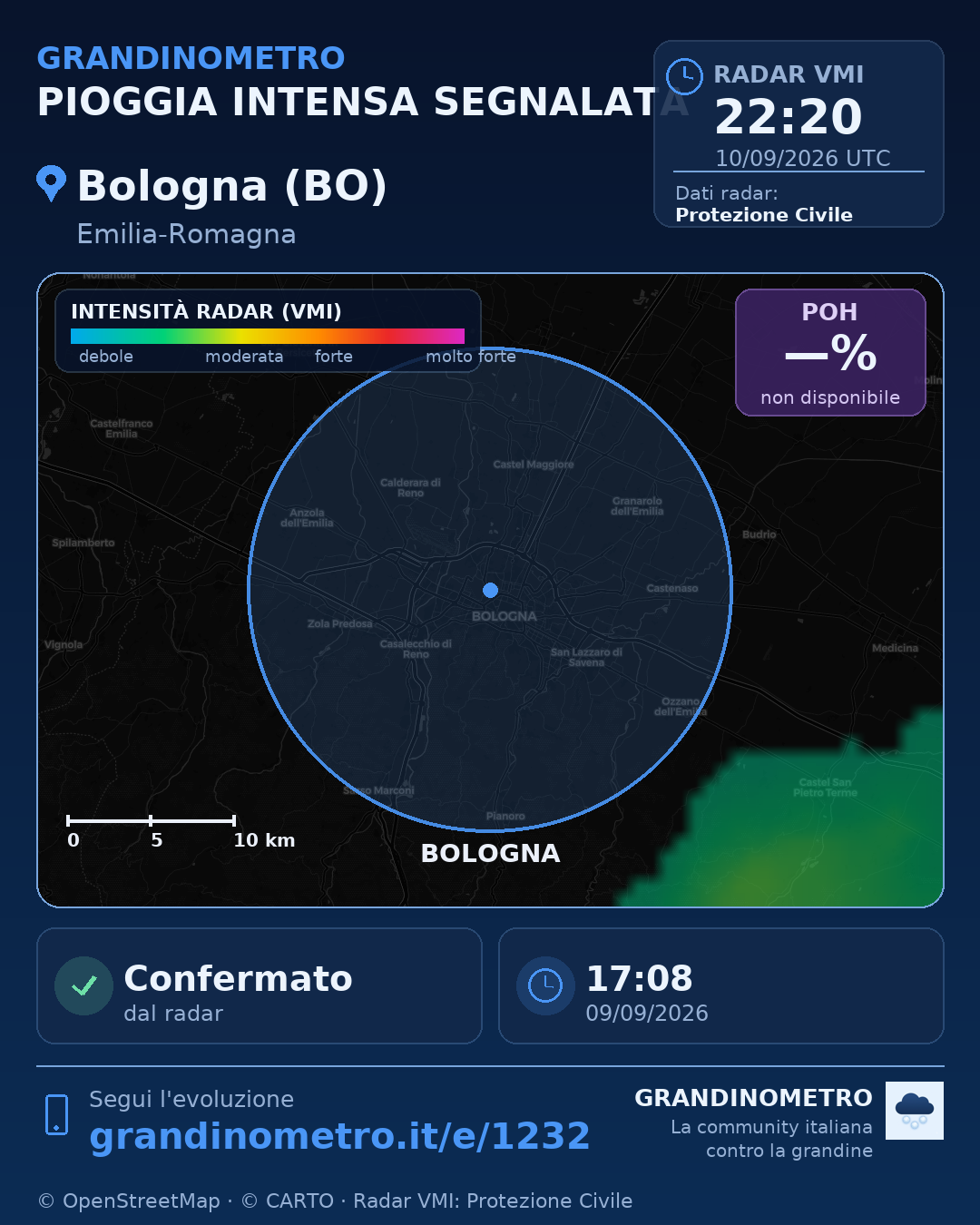 Mappa dell'evento: pioggia intensa a Bologna (BO)