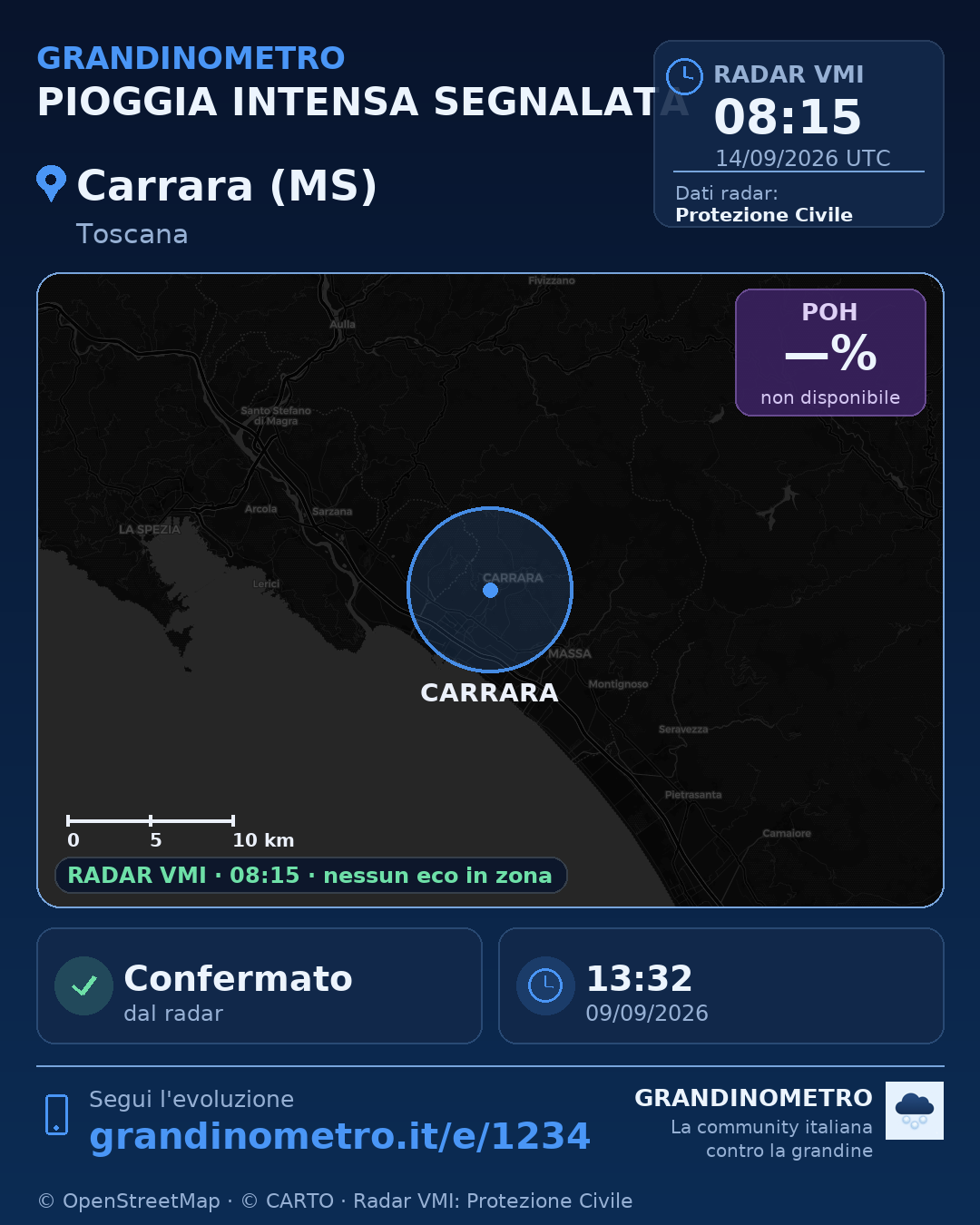 Mappa dell'evento: pioggia intensa a Carrara (MS)