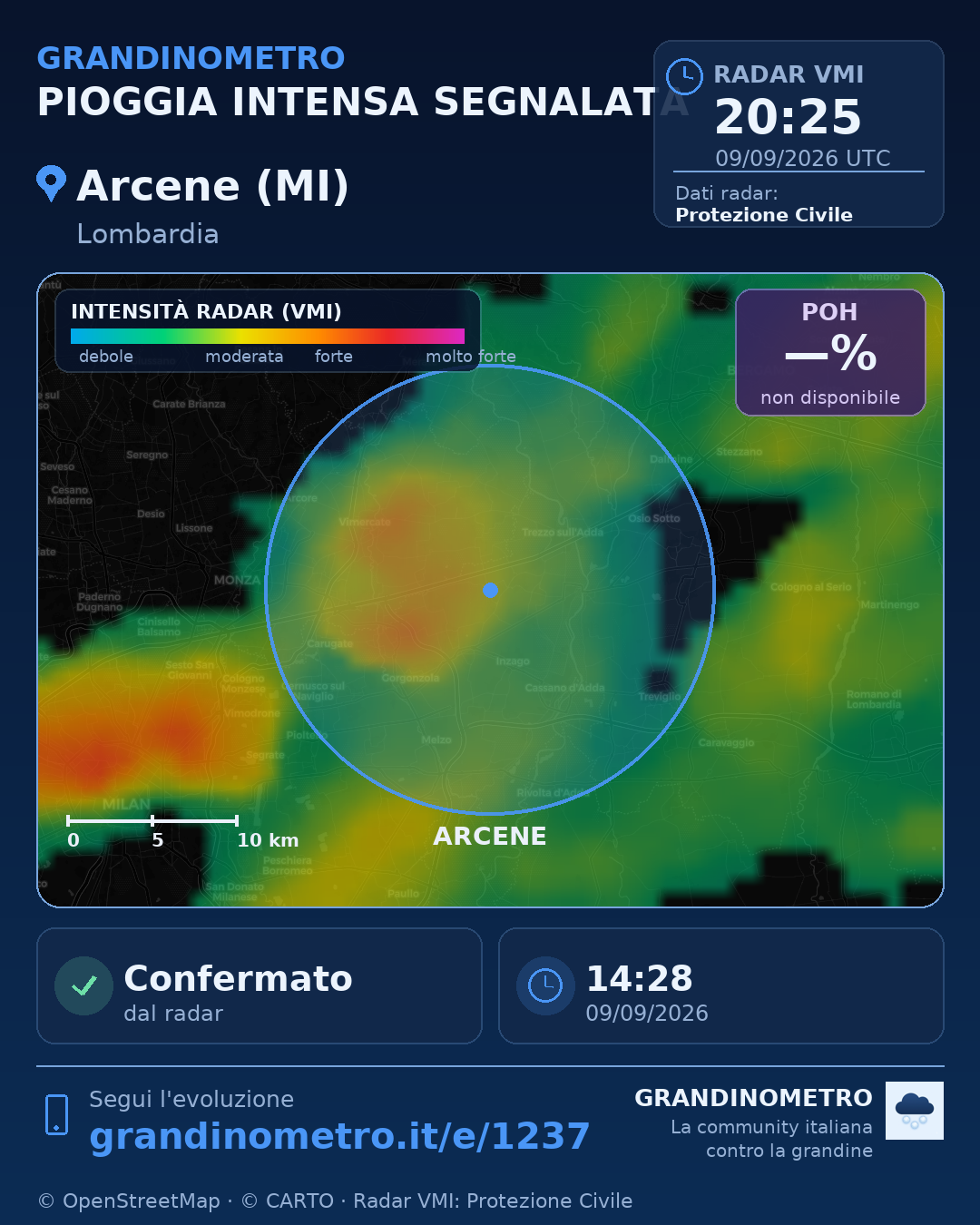 Mappa dell'evento: pioggia intensa ad Arcene (MI)