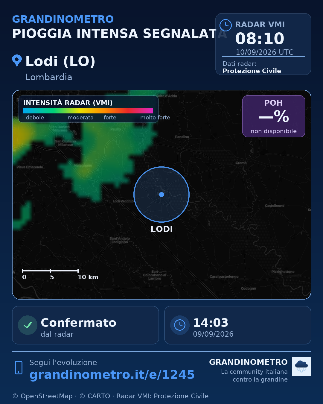 Mappa dell'evento: pioggia intensa a Lodi (LO)