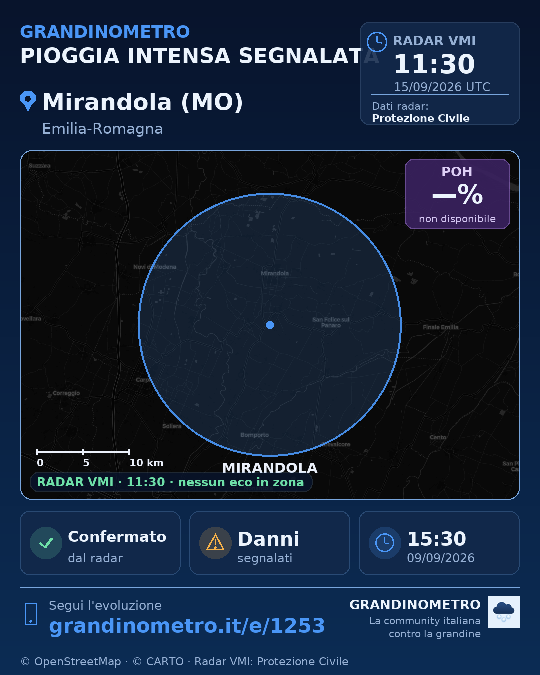Mappa dell'evento: pioggia intensa a Mirandola (MO)