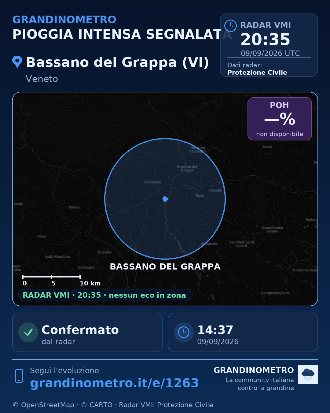 Mappa dell'evento: pioggia intensa a Bassano del Grappa (VI)