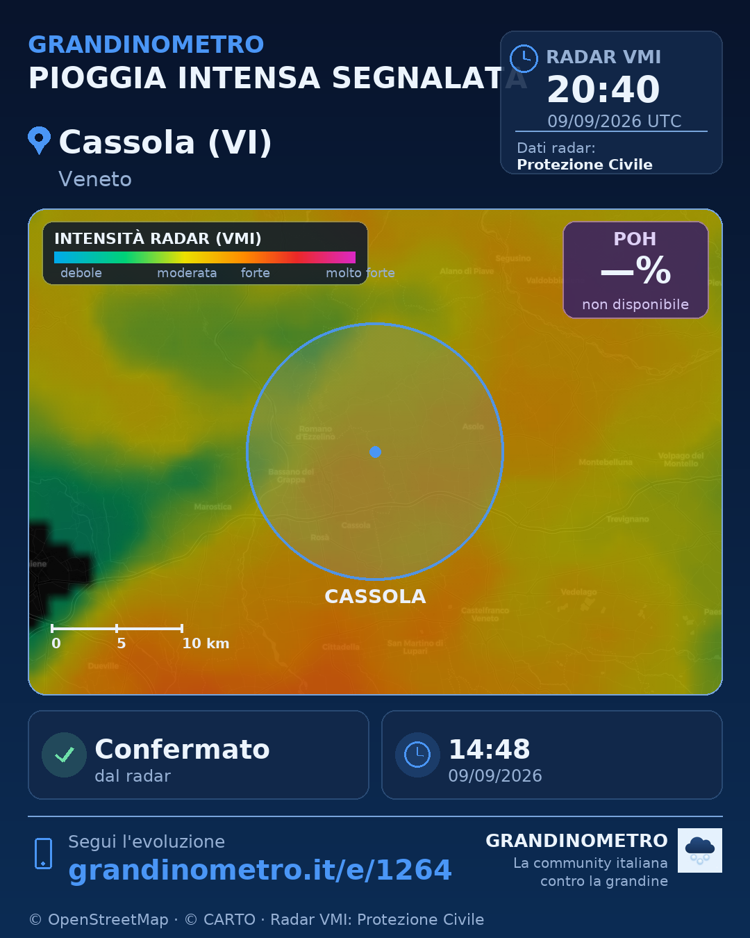 Mappa dell'evento: pioggia intensa a Cassola (VI)