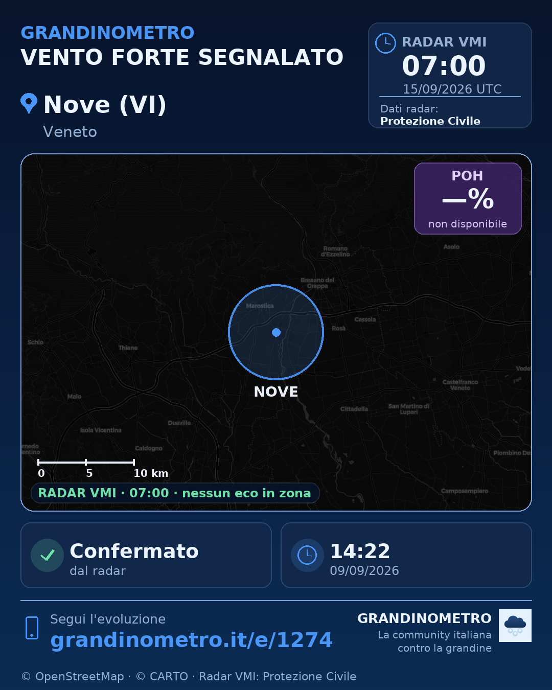 Mappa dell'evento: vento forte a Nove (VI)