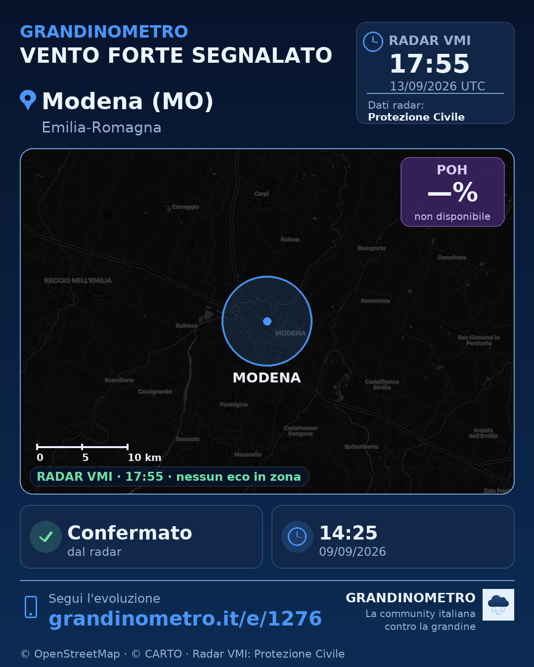 Mappa dell'evento: vento forte a Modena (MO)