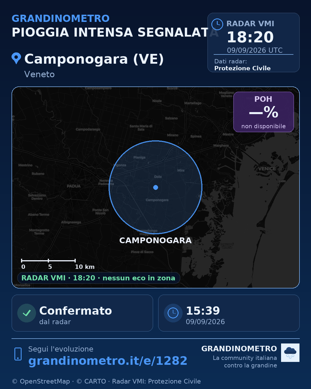 Mappa dell'evento: pioggia intensa a Camponogara (VE)