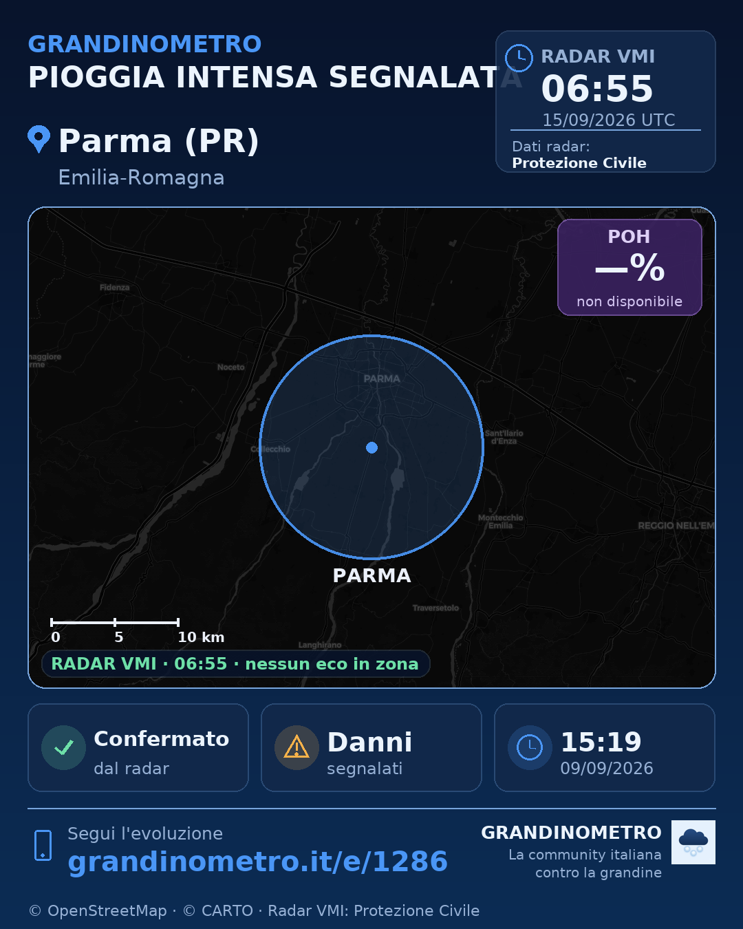 Mappa dell'evento: pioggia intensa a Parma (PR)