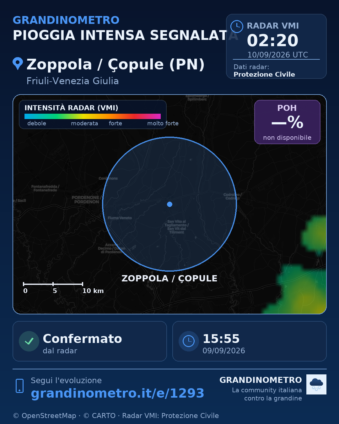 Mappa dell'evento: pioggia intensa a Zoppola / Çopule (PN)