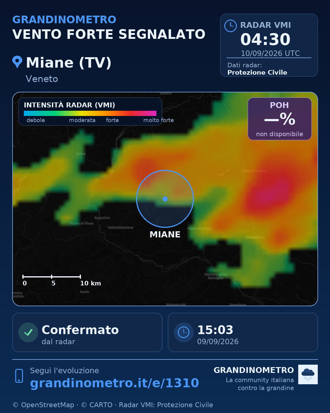 Mappa dell'evento: vento forte a Miane (TV)