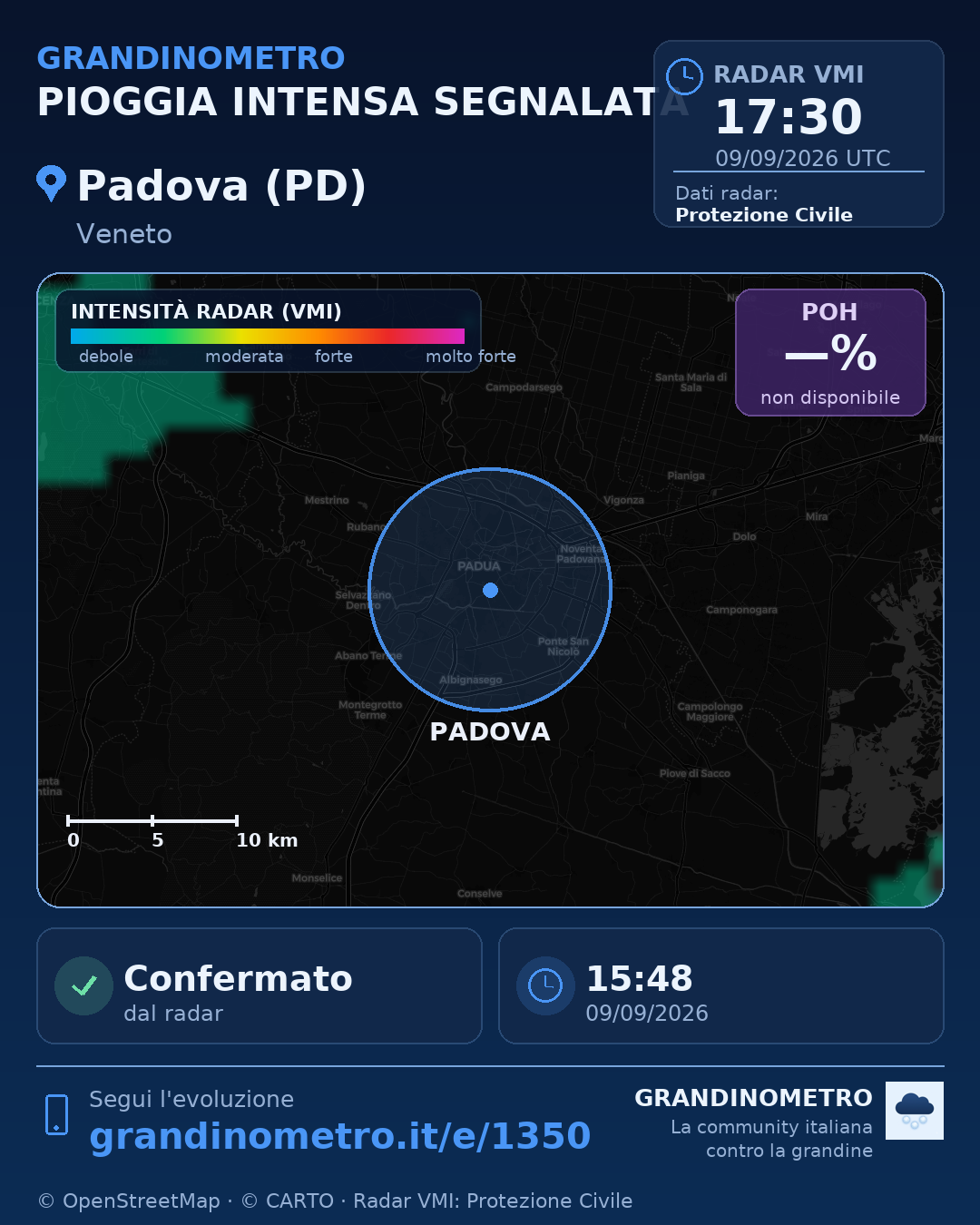 Mappa dell'evento: pioggia intensa a Padova (PD)