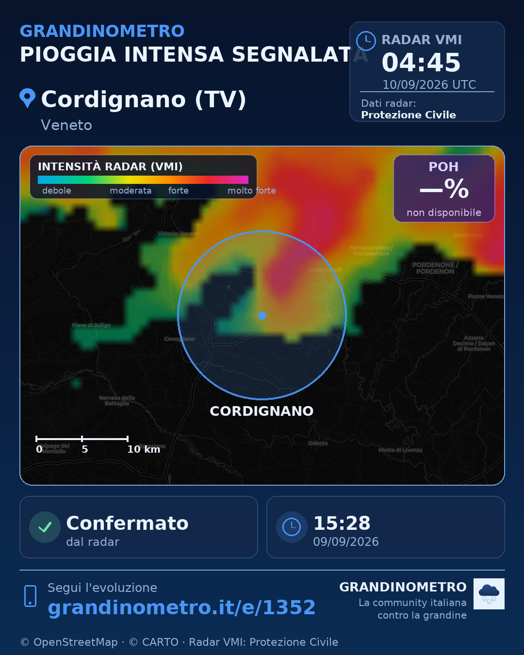 Mappa dell'evento: pioggia intensa a Cordignano (TV)