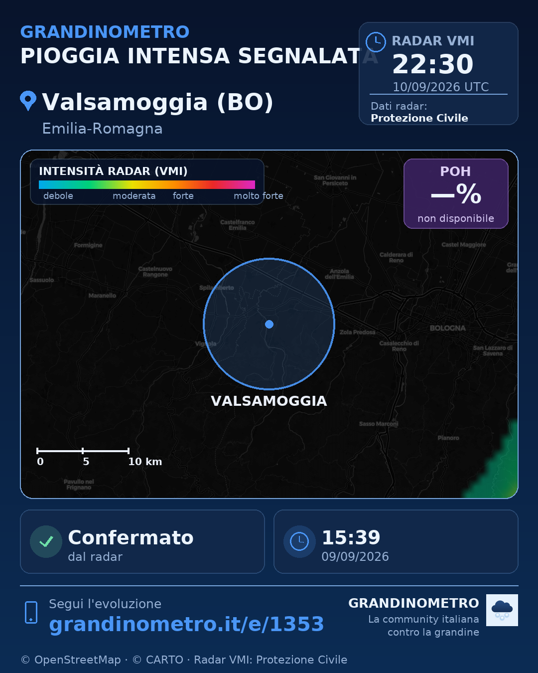 Mappa dell'evento: pioggia intensa a Valsamoggia (BO)