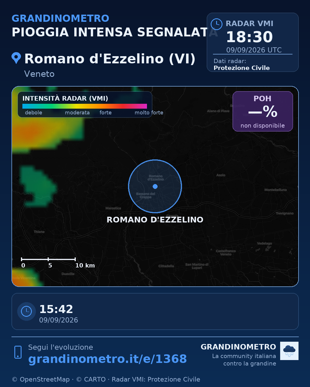 Mappa dell'evento: pioggia intensa a Romano d'Ezzelino (VI)