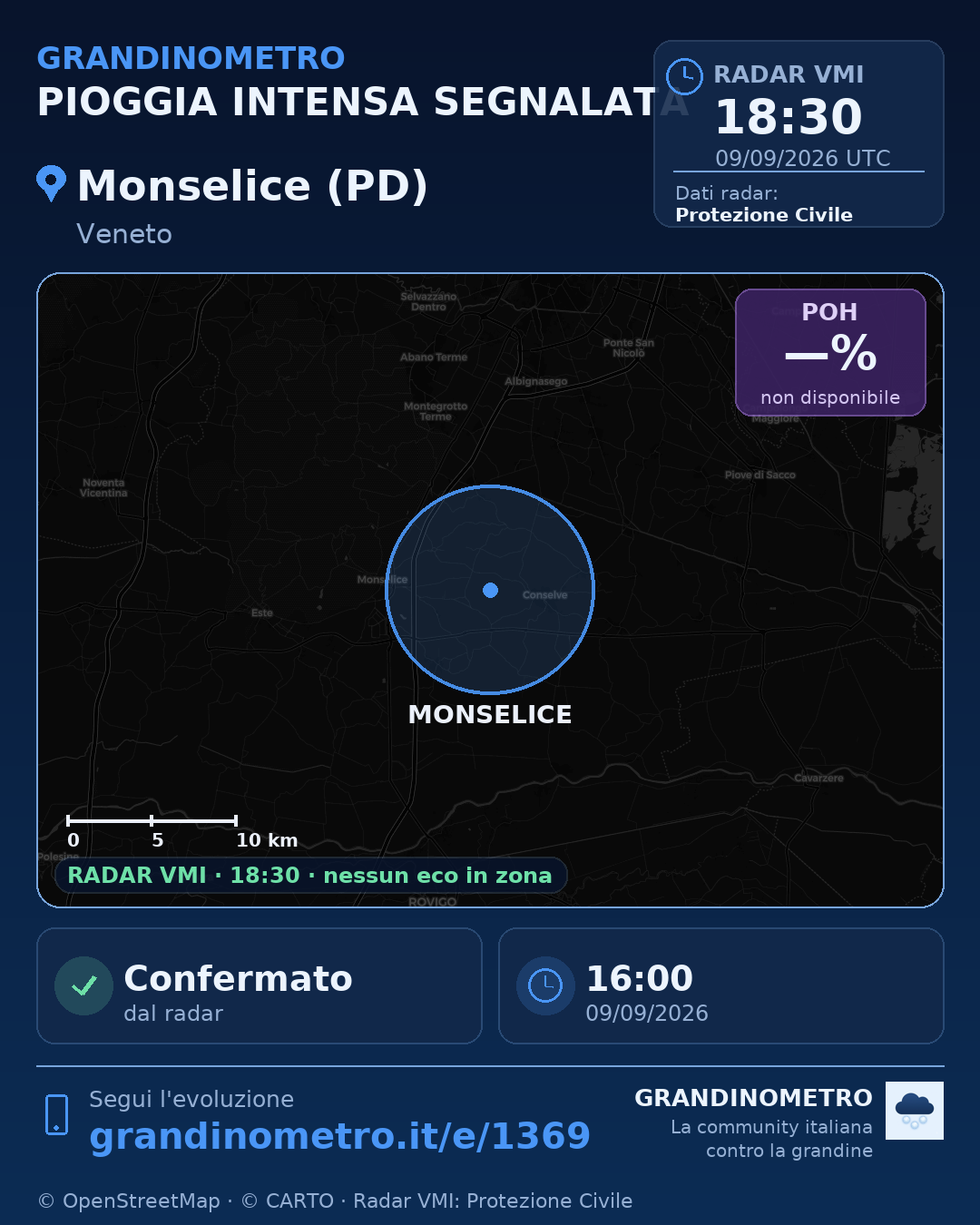 Mappa dell'evento: pioggia intensa a Monselice (PD)