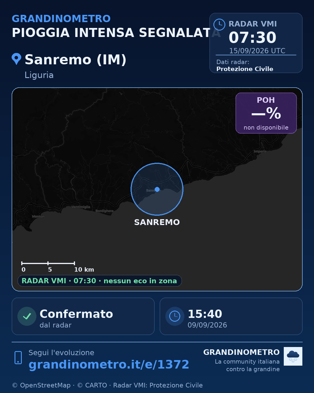 Mappa dell'evento: pioggia intensa a Sanremo (IM)