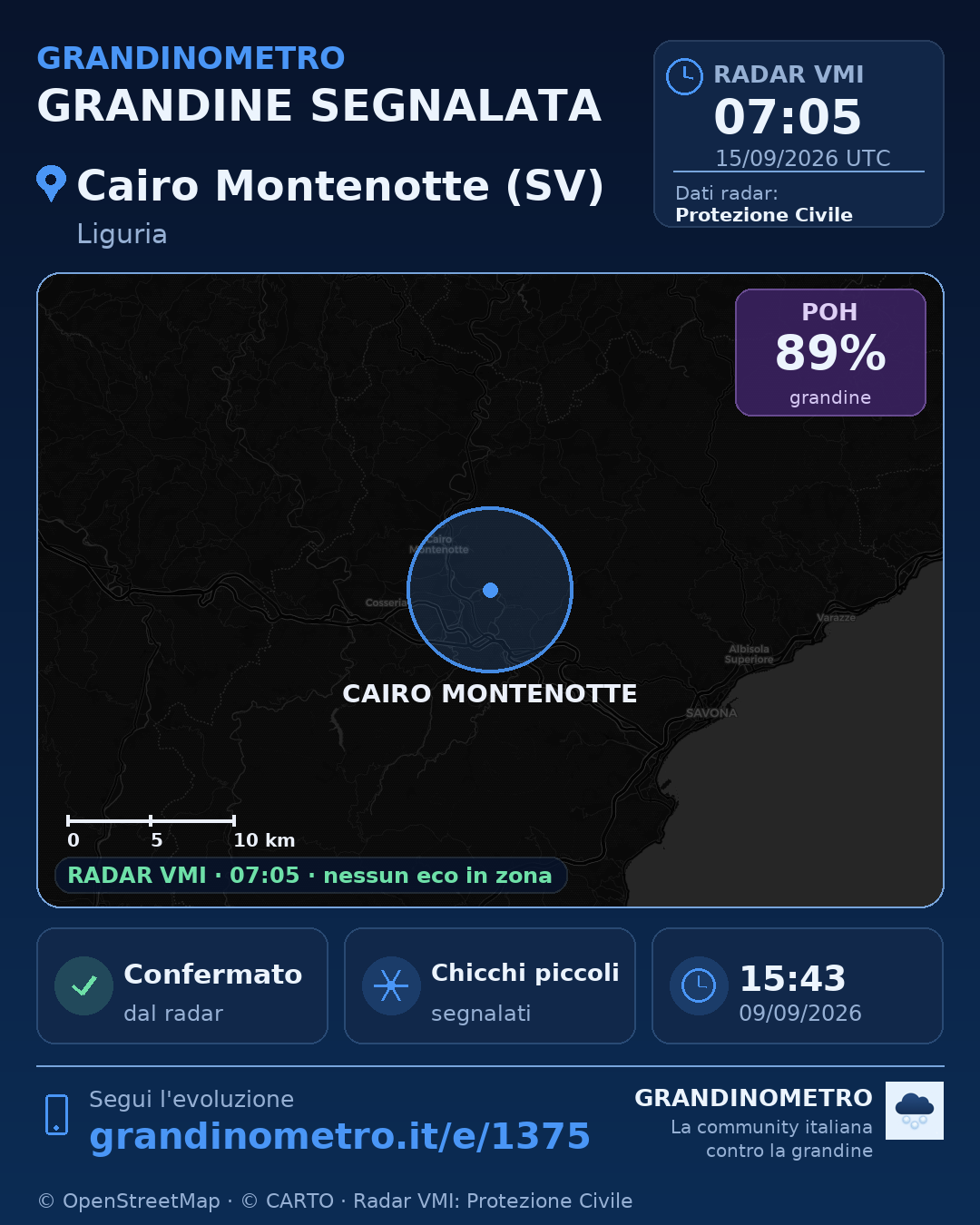Mappa dell'evento: grandine a Cairo Montenotte (SV)